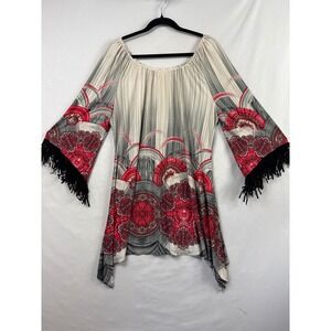 The Hanger Tunic Top Women 1XL Red Grey Medallion Fringe Bell Sleeve Sharkbite